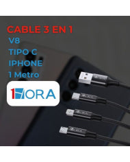 CABLE USB 2.0 3 EN 1 V8 / TIPO C / IPHONE 2.1A LONG 1M NEGRO MOD. CAB259