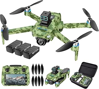 GPS Drone with 5.9 Inch Screen controller, Dual Camera, GPS Positioning, One-key Return, Water Flow Mode, Obstacle Avoidance, Stable Flying, Emergency Stop, Army Green Tri-battery version