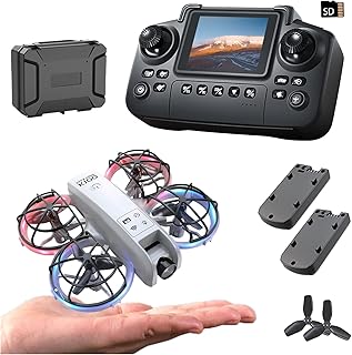 K100 Mini Drone with Screen Controller with SD Card, Two-batteries, Optical Flow Positioning, All-round Protection for Flight Paddles, Suitable for Beginner. (2 batteries - White)