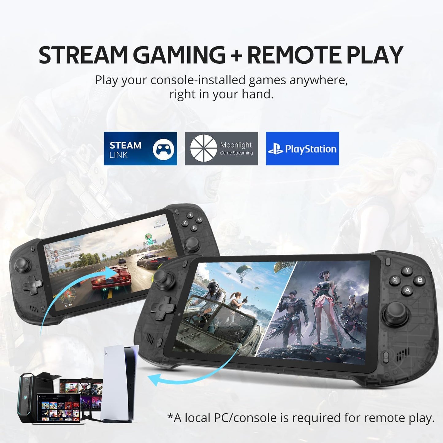 consola portátilJuegos en la nube + juego remoto: juegos en la nube: reproduce instantáneamente títulos AAA a través de Wi-Fi con suscripciones a Xbox Cloud Gaming (Beta), GeForce NOW, Amazon Luna, PlayStation Plus Premium y Boosteroid