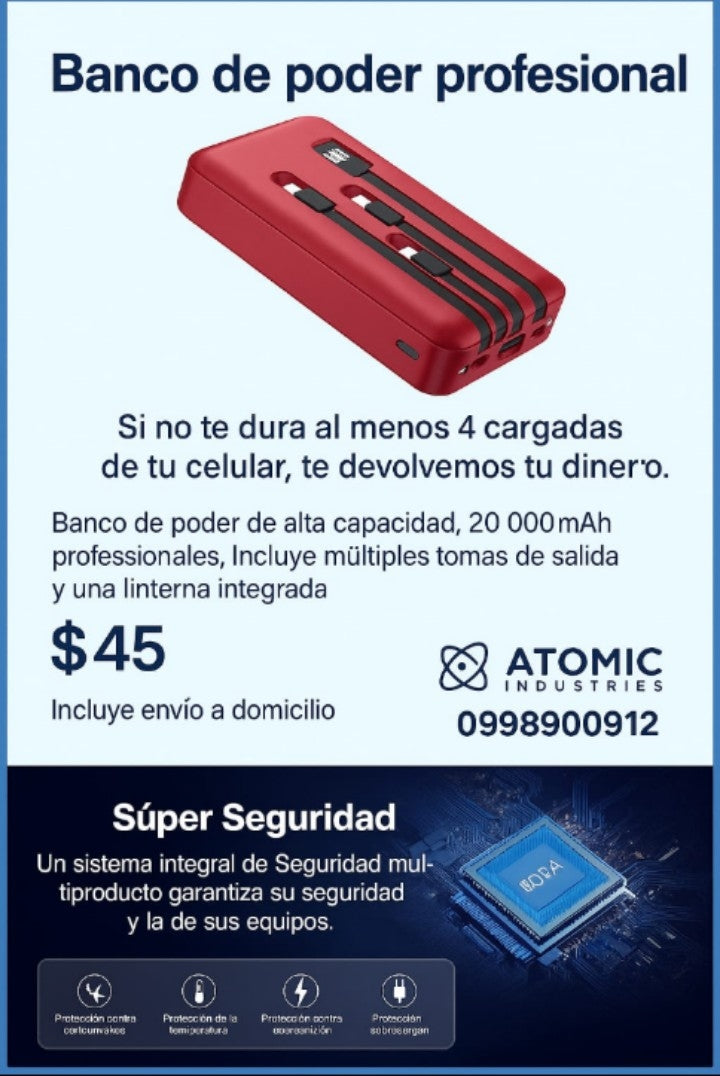 BANCO DE CARGA 20000 mAh CUATRO CABLES USB / V8 / TIPO C / IPHONE MOD. GAR159