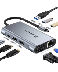 HUB USB TIPO C MOD. 2311 8 PUERTOS (USB3.0*1+USB2.0*2+PD100W+VGA+RJ45-100M+HDMI*2)